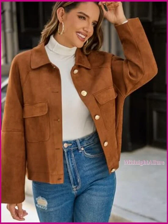 Oversized Cropped Faux Suede Jacket Lapel Collar Button Down Vintage Shacket - Picture 2 of 7